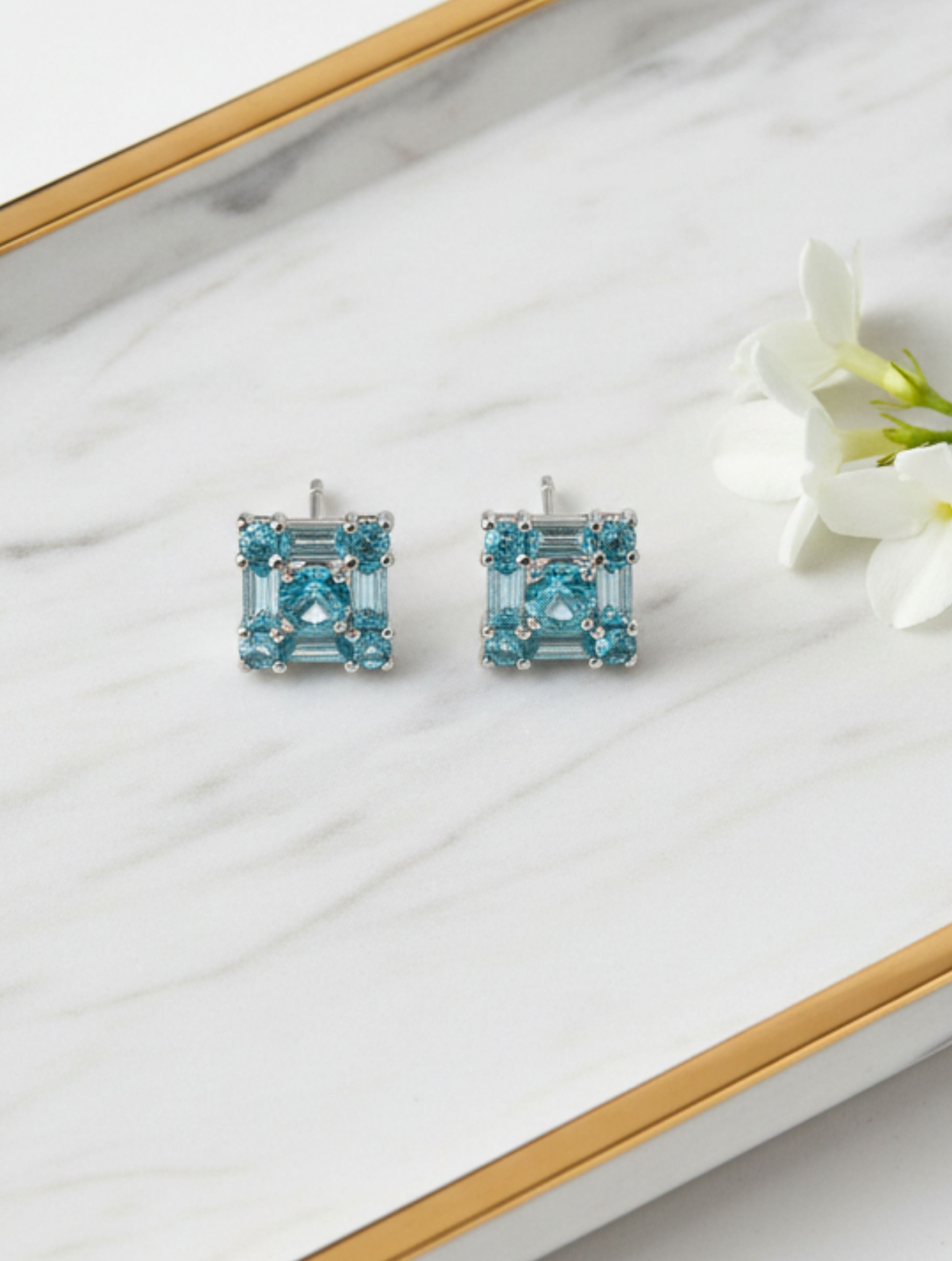 Rhodium Blue Topaz Precision Pietra  925 Sterling Silver Studs Earrings For Women