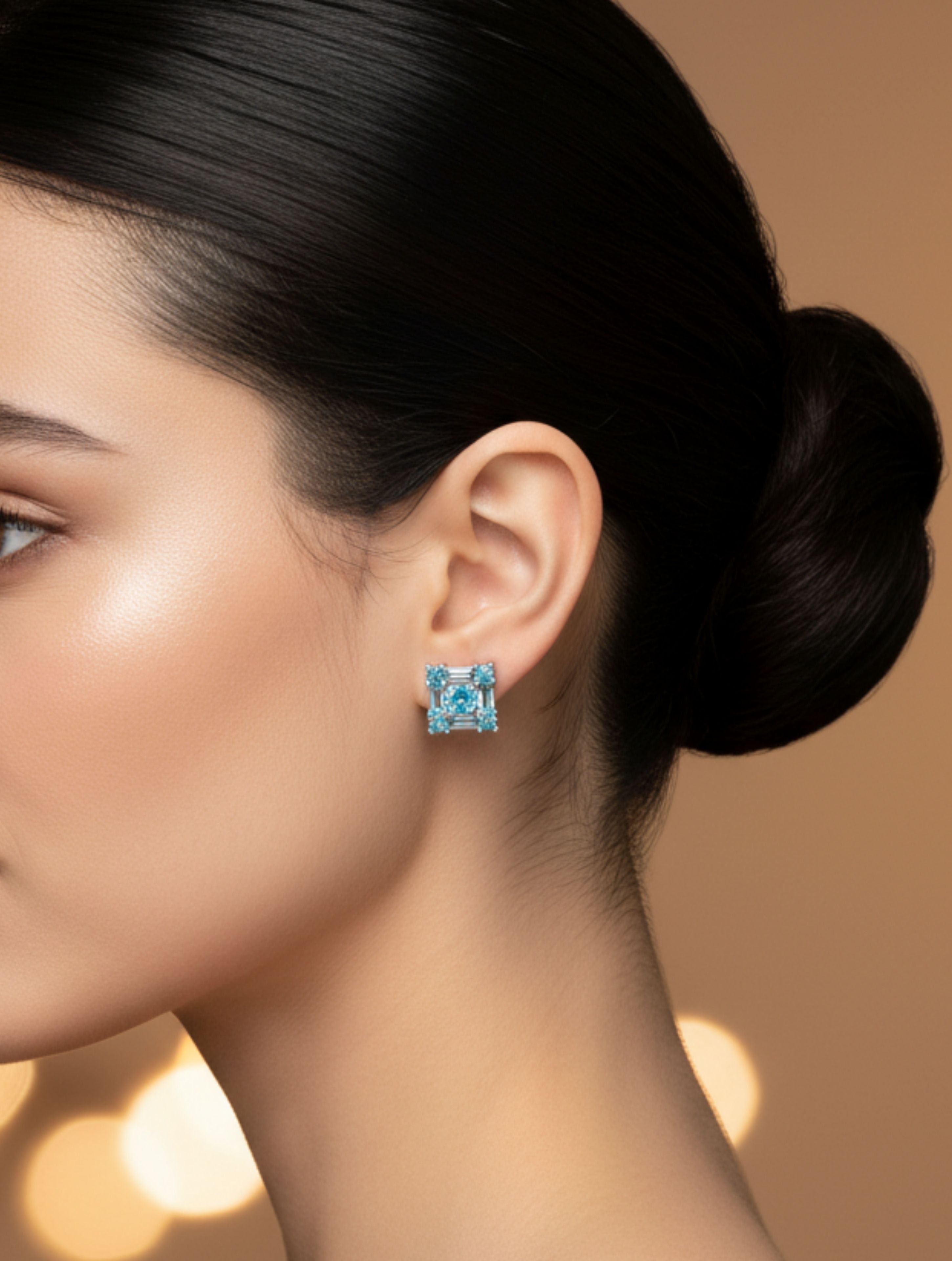 Rhodium Blue Topaz Precision Pietra  925 Sterling Silver Studs Earrings For Women