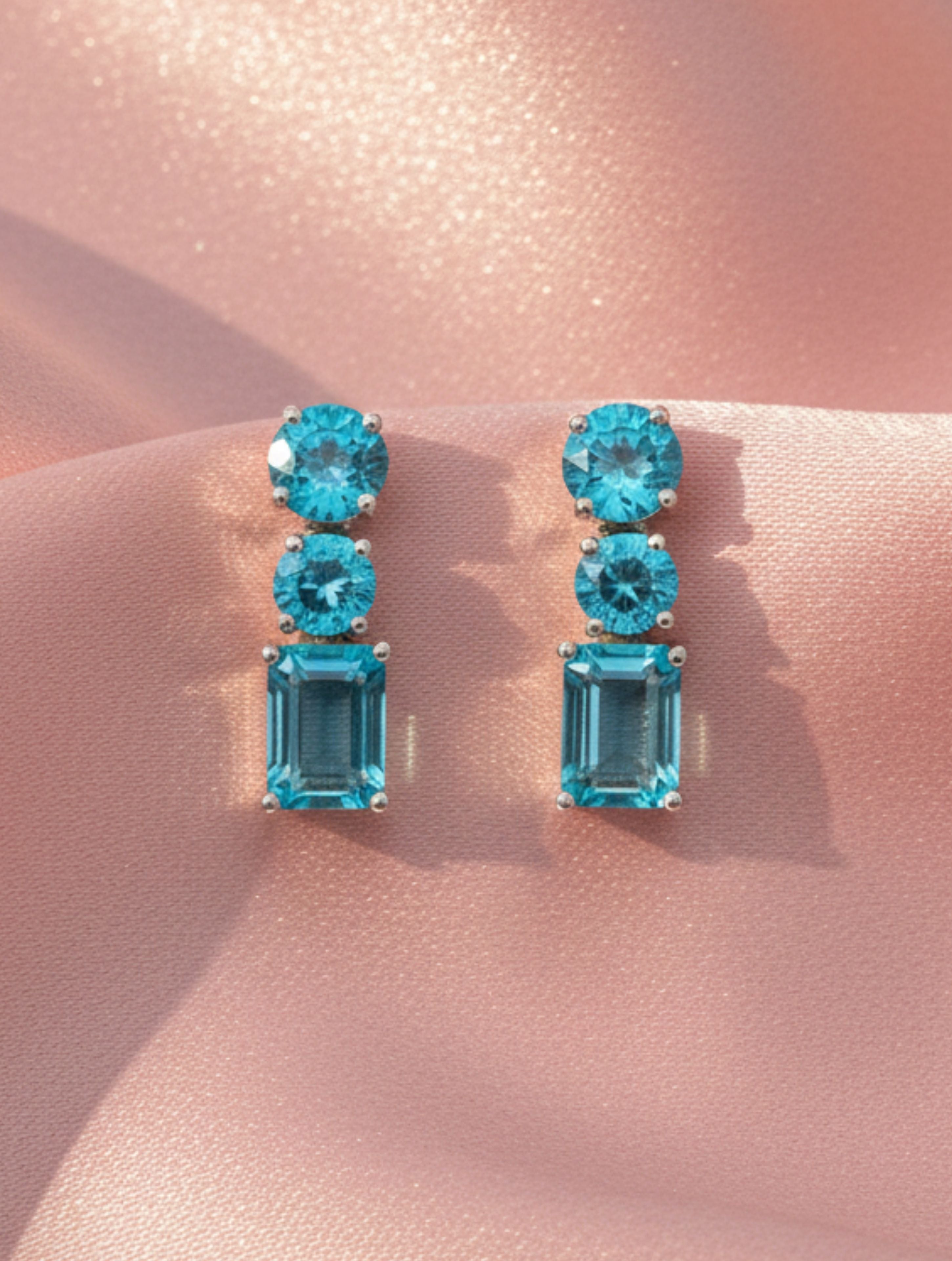 Natural Blue Topaz Triple-Stone Drop Earrings in 925 Sterling Silver