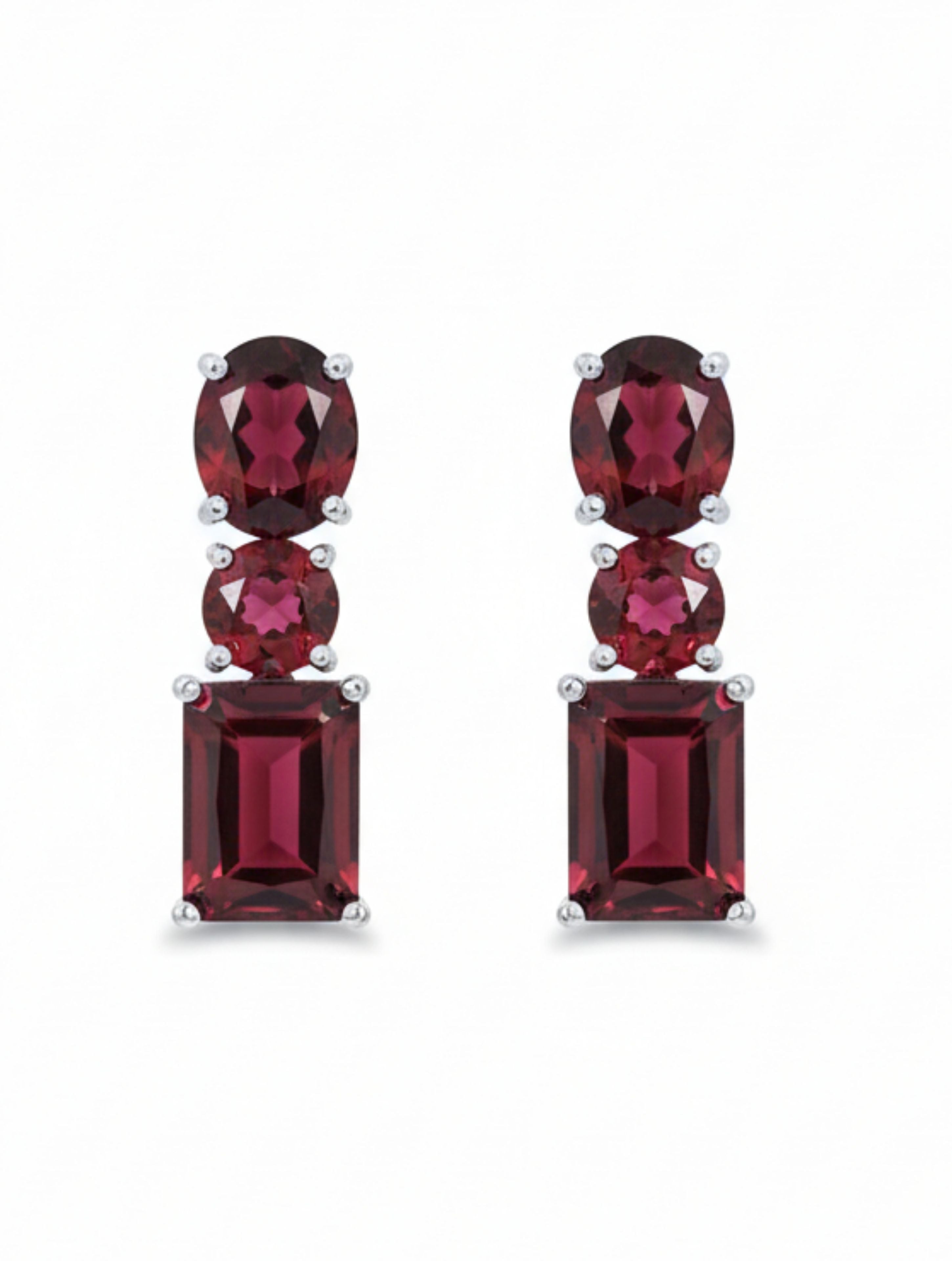 Natural Garnet Triple-Stone Drop Earrings in 925 Sterling Silver