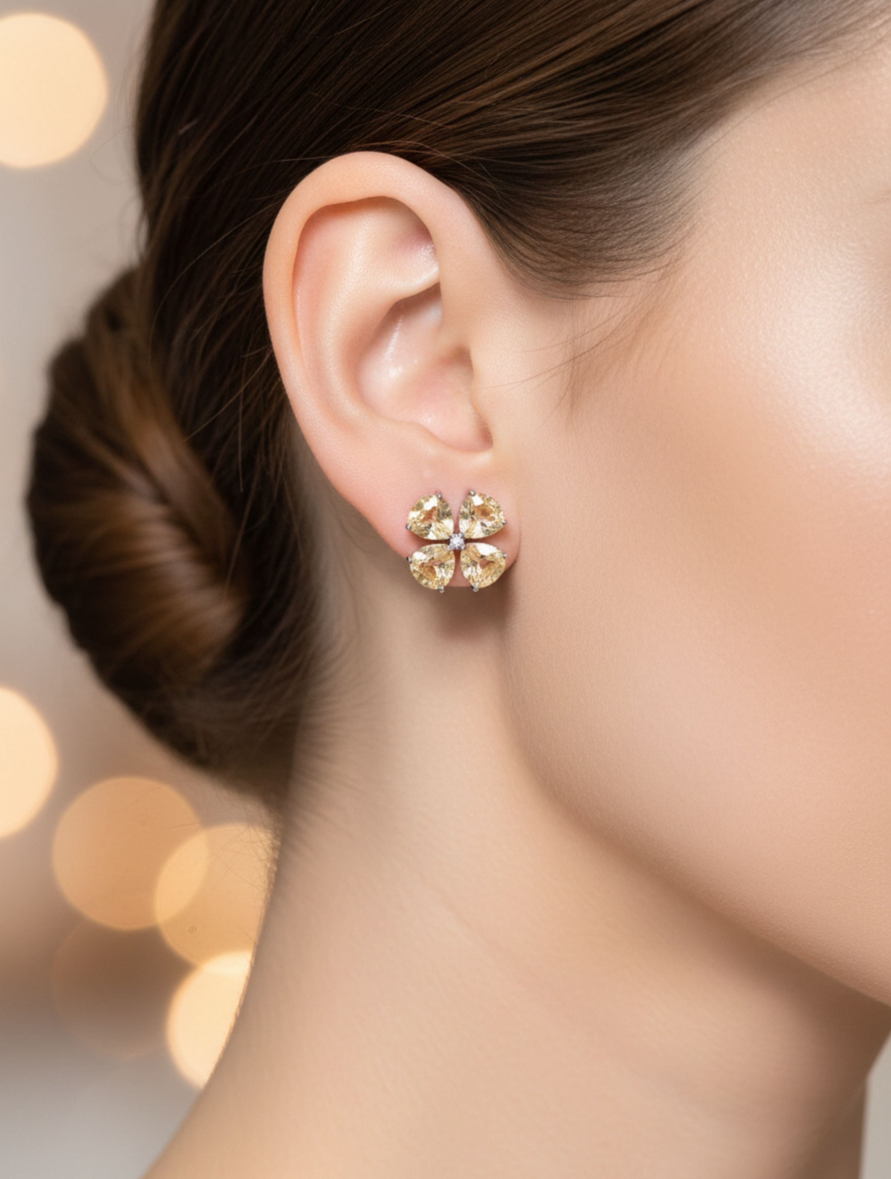 Natural Citrine Four-Leaf Clover Stud Earrings in 925 Sterling Silver