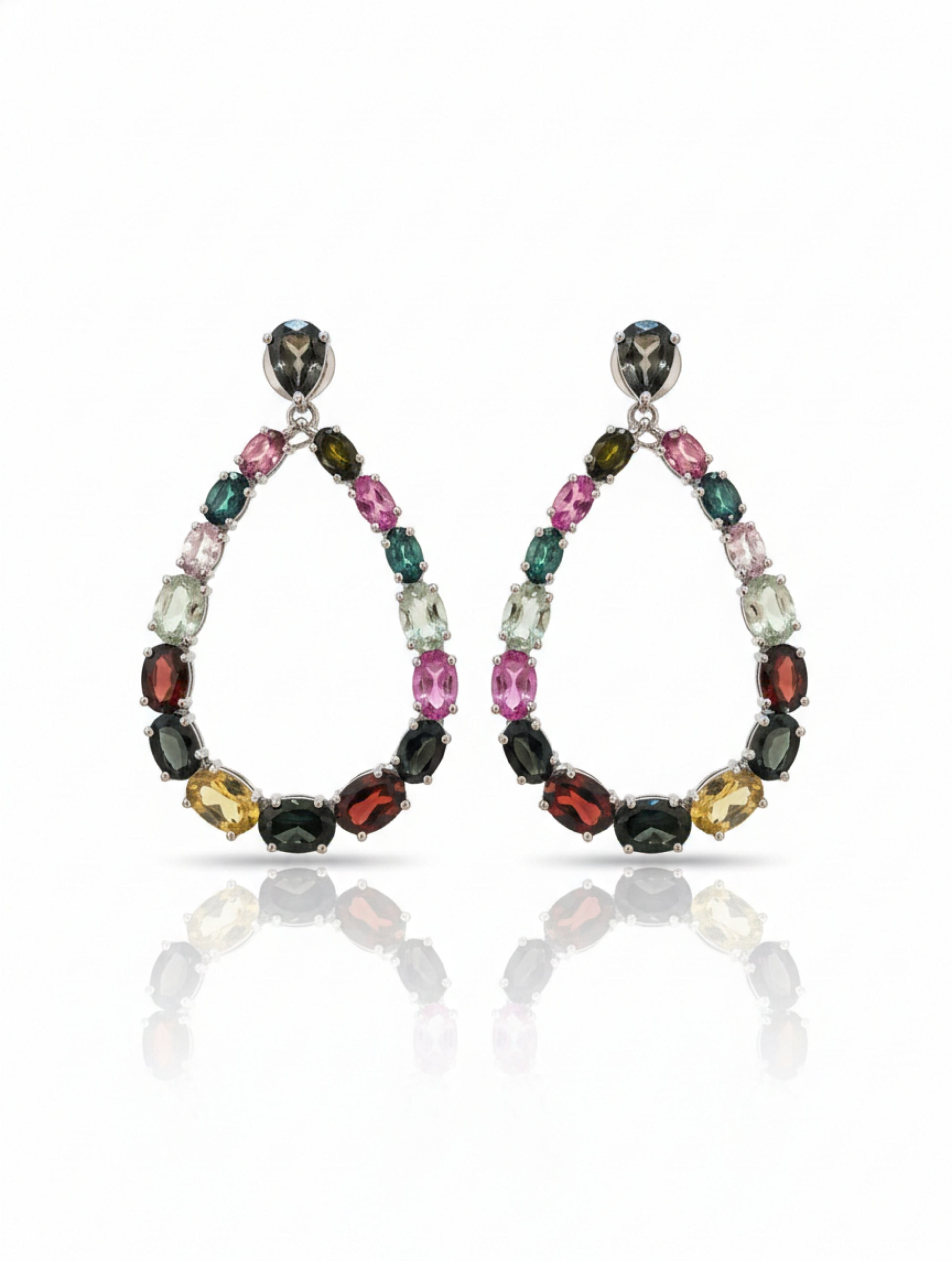 Multi-Tourmaline Teardrop Open-Hoop Earrings in 925 Sterling Silver