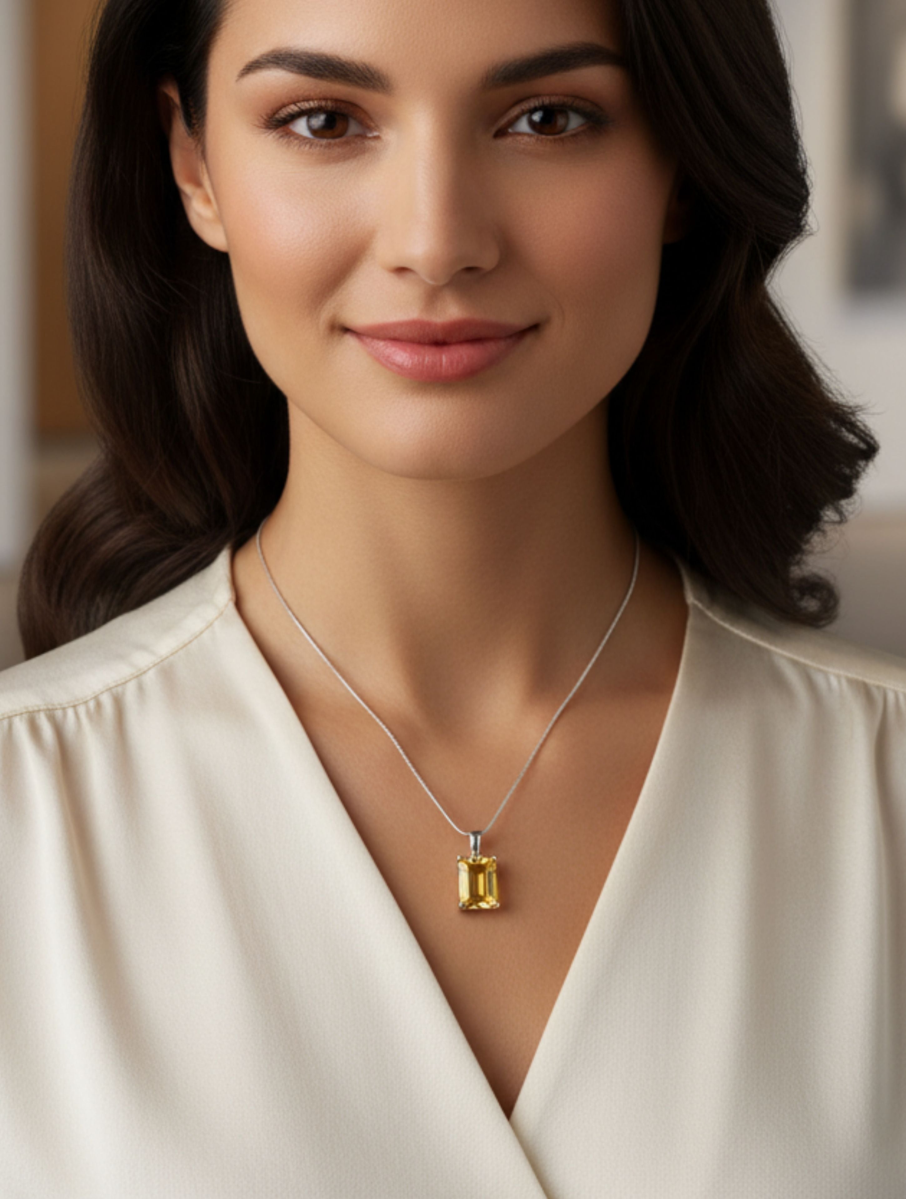 Emerald-Cut Lemon Quartz Pendant in 925 Sterling Silver