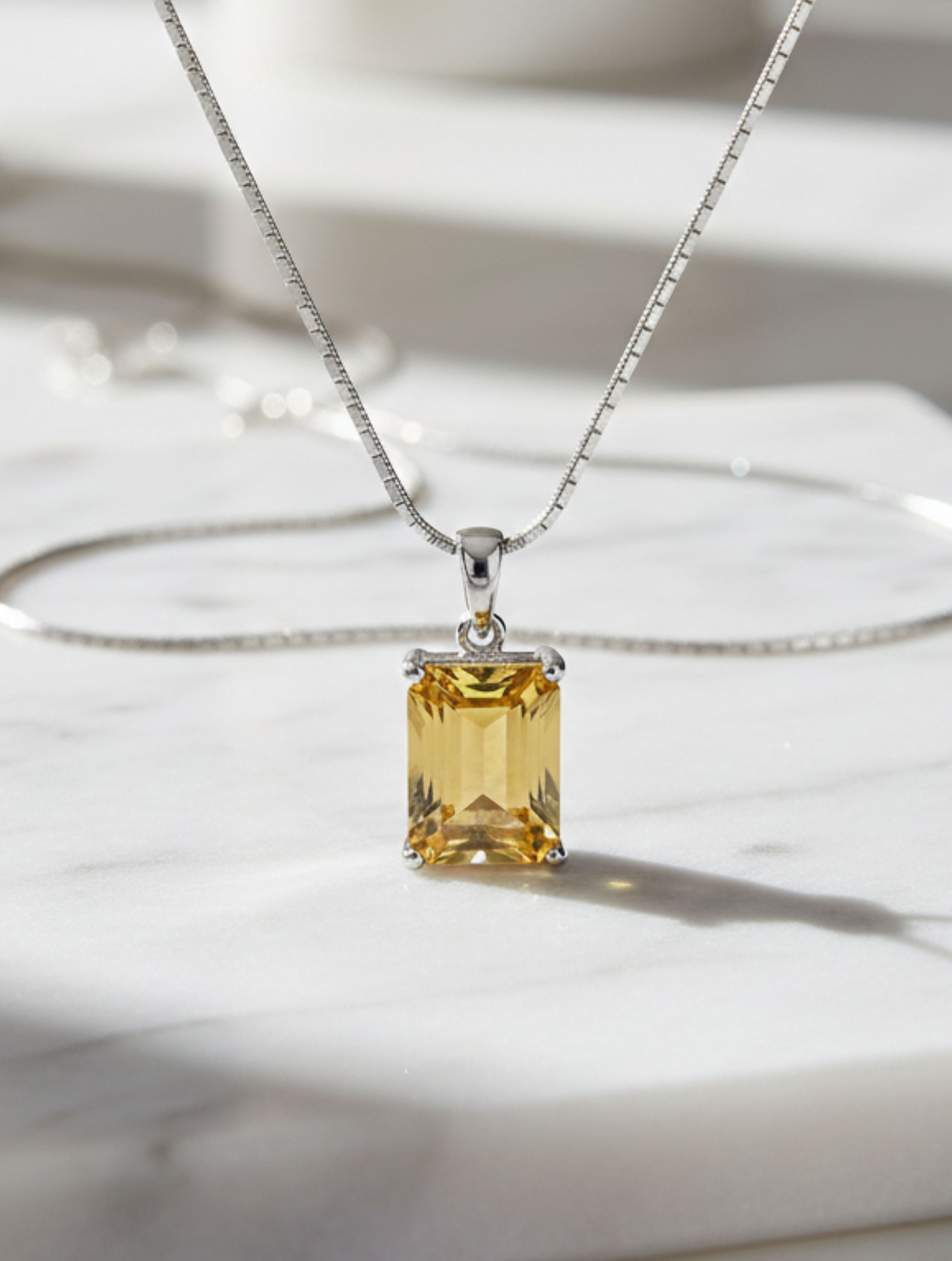 Emerald-Cut Lemon Quartz Pendant in 925 Sterling Silver