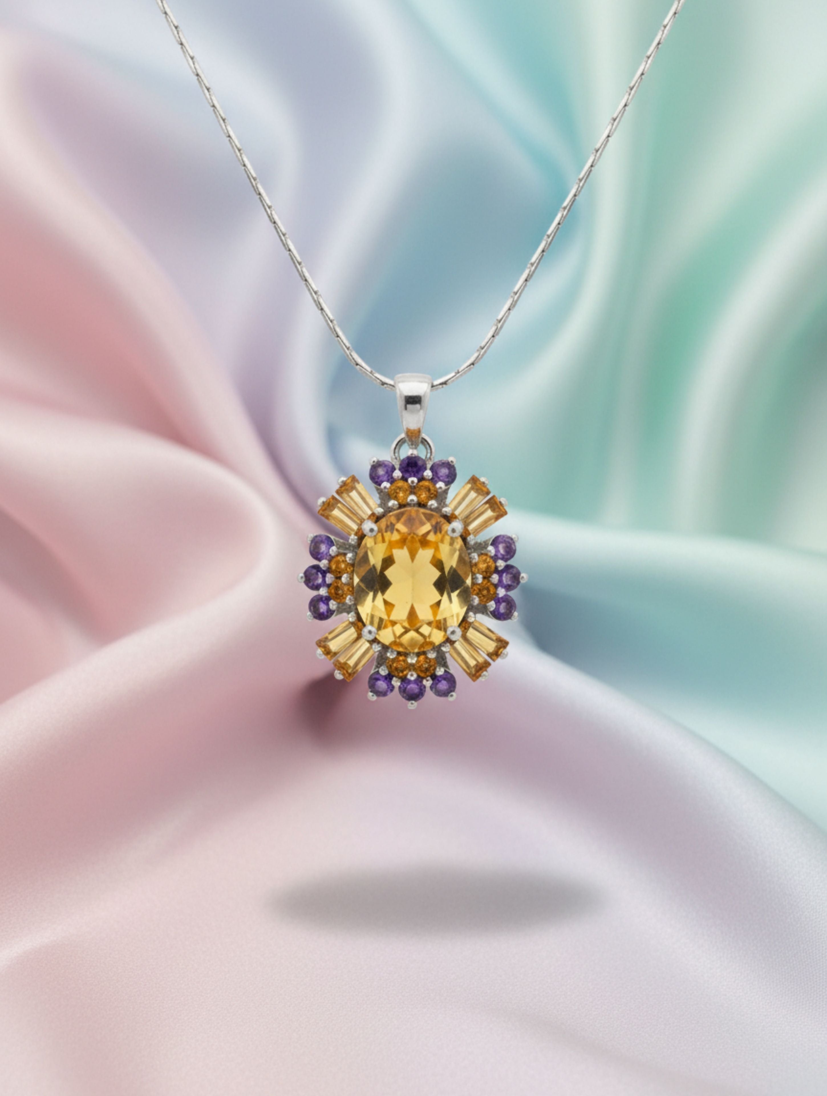 Natural Citrine & Amethyst Pendant in 925 Sterling Silver