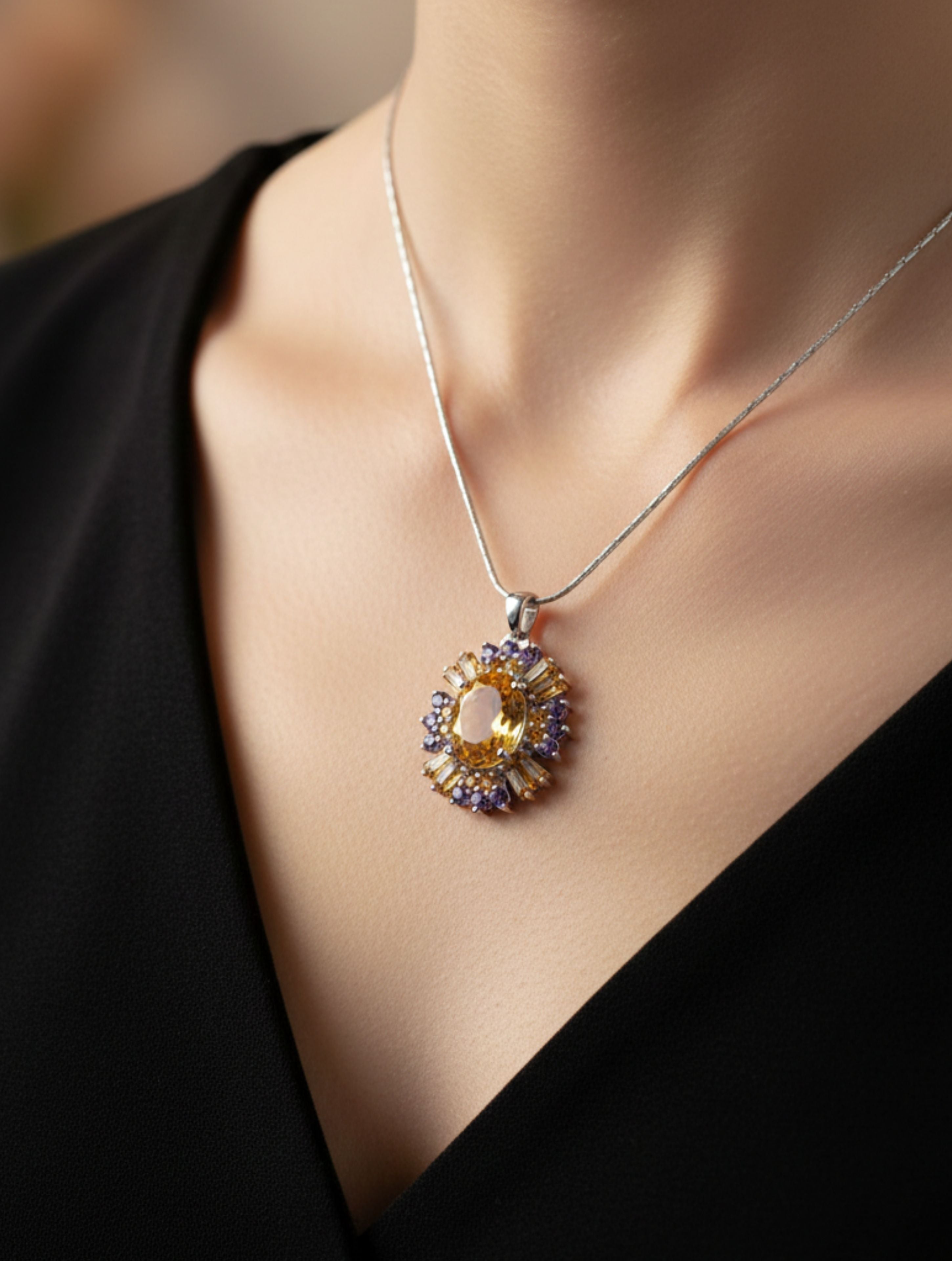 Natural Citrine & Amethyst Pendant in 925 Sterling Silver