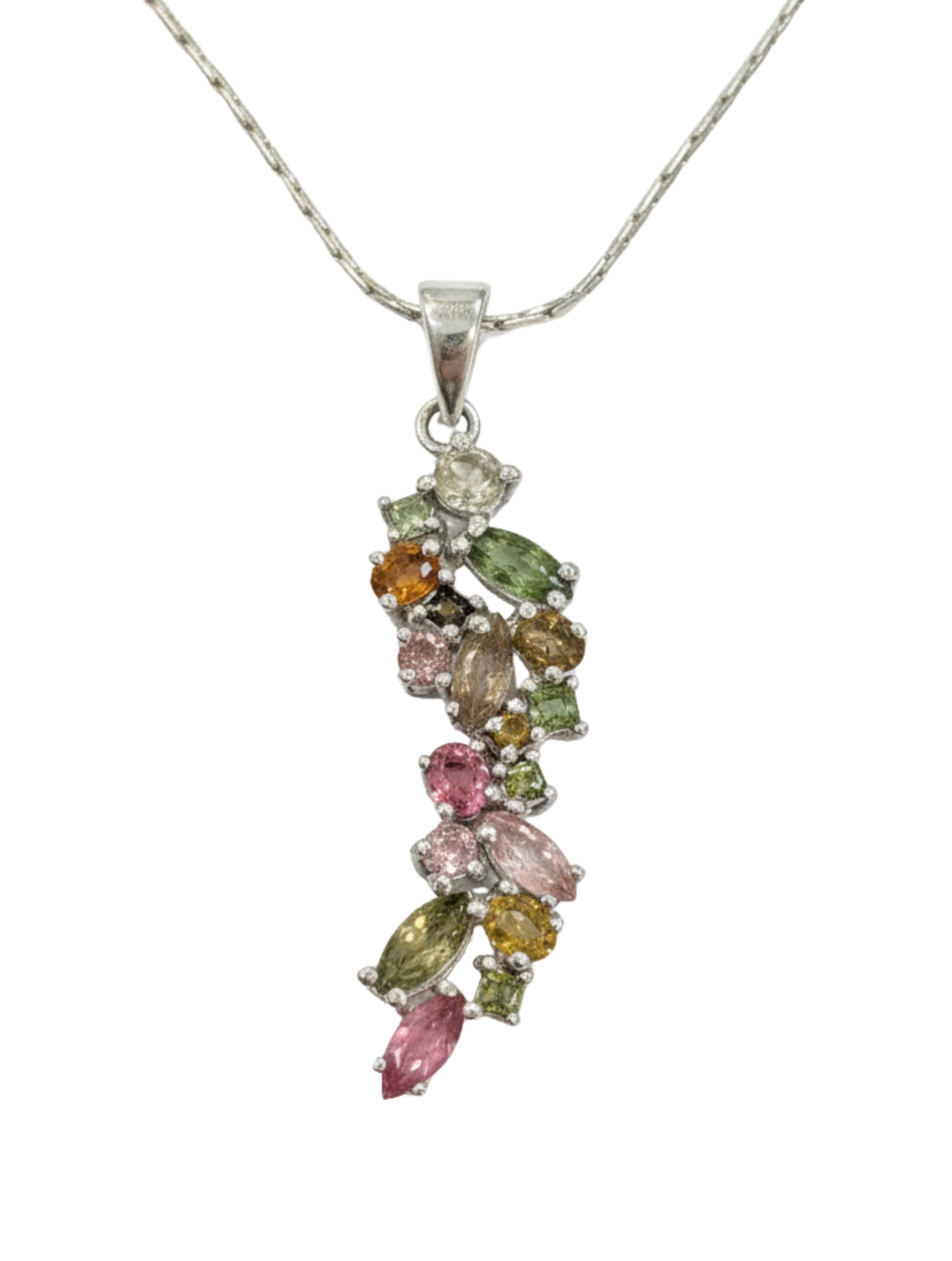 Natural Multi-Tourmaline Cluster Pendant in 925 Sterling Silver