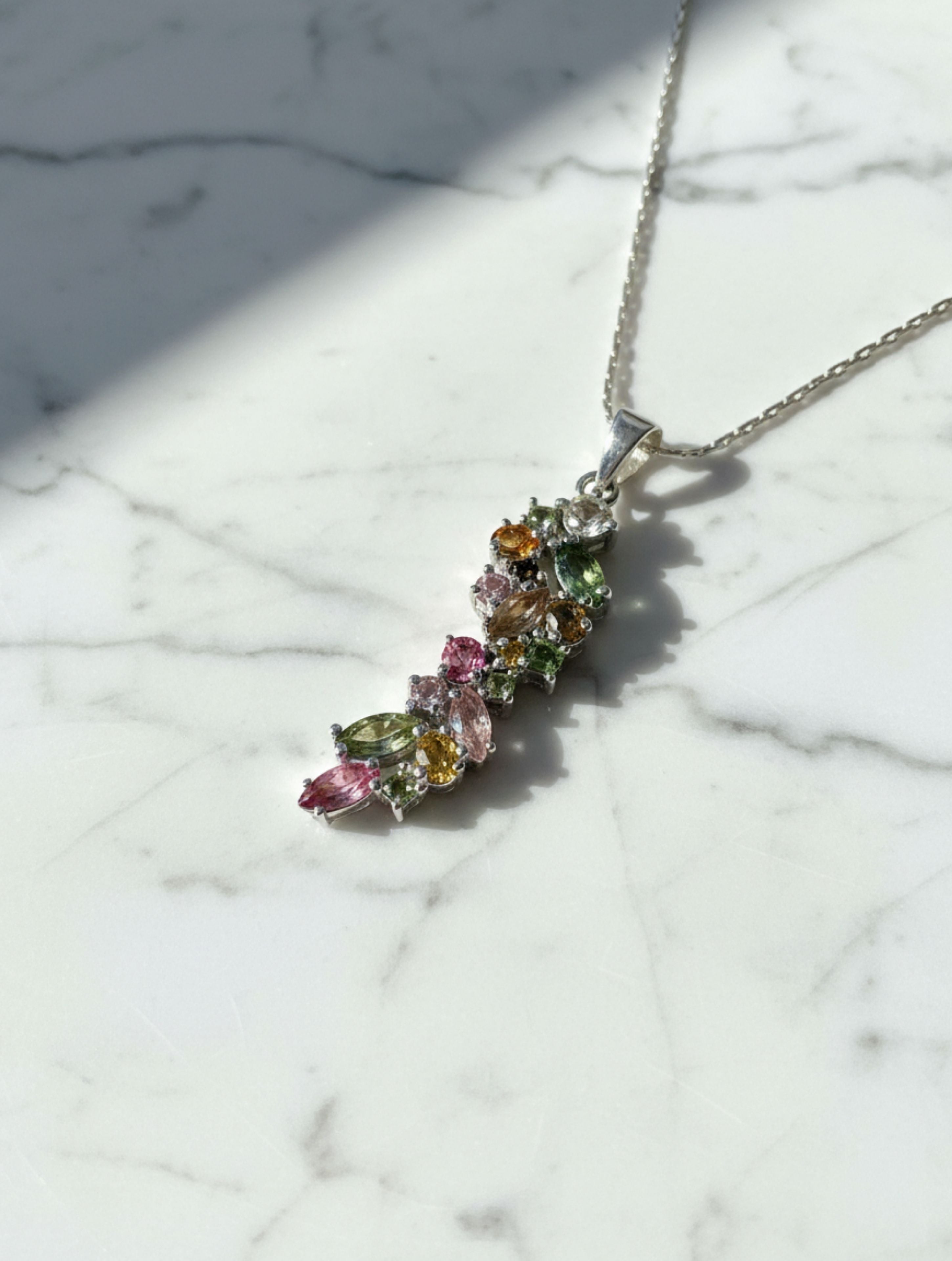 Natural Multi-Tourmaline Cluster Pendant in 925 Sterling Silver