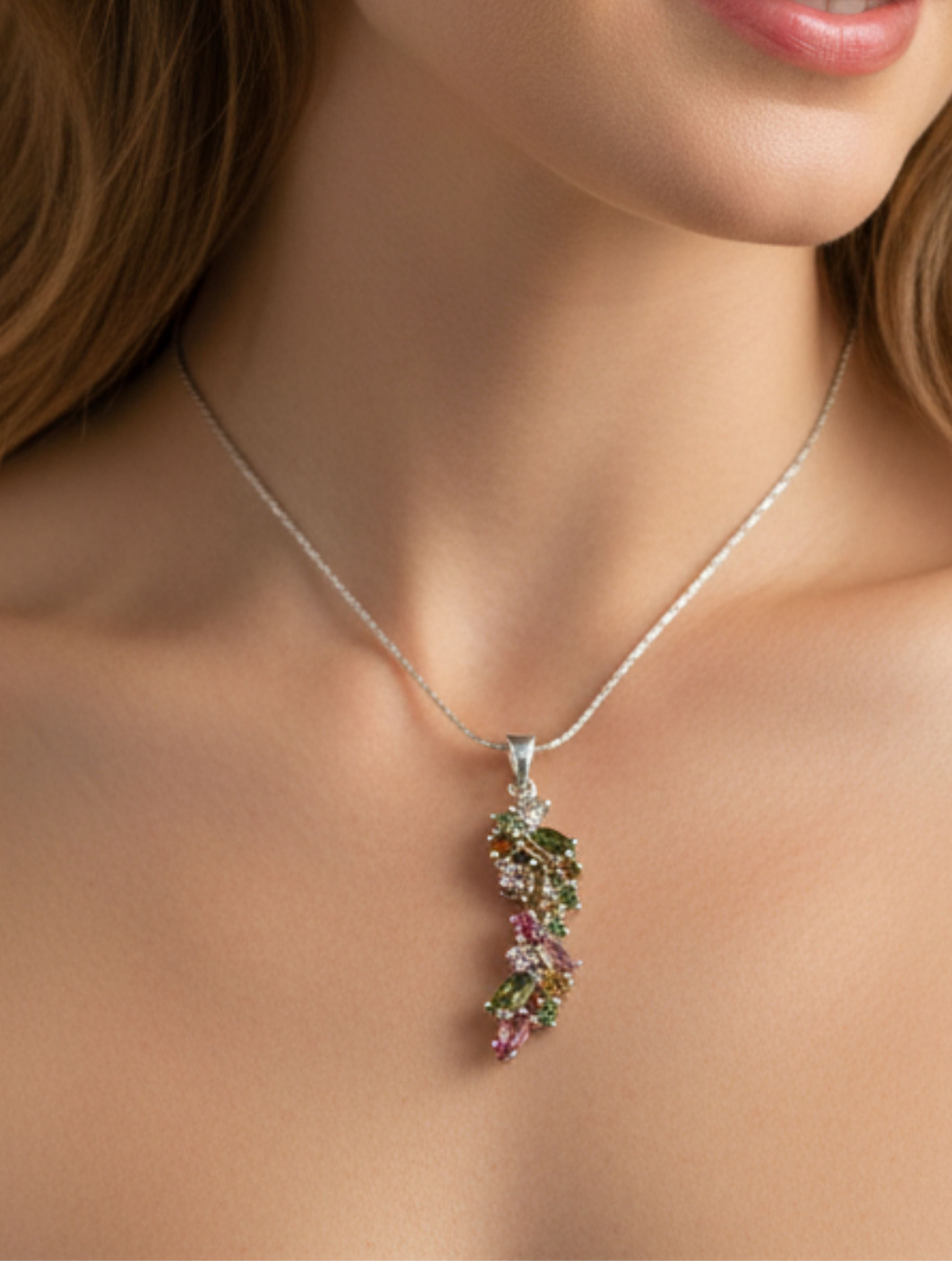 Natural Multi-Tourmaline Cluster Pendant in 925 Sterling Silver