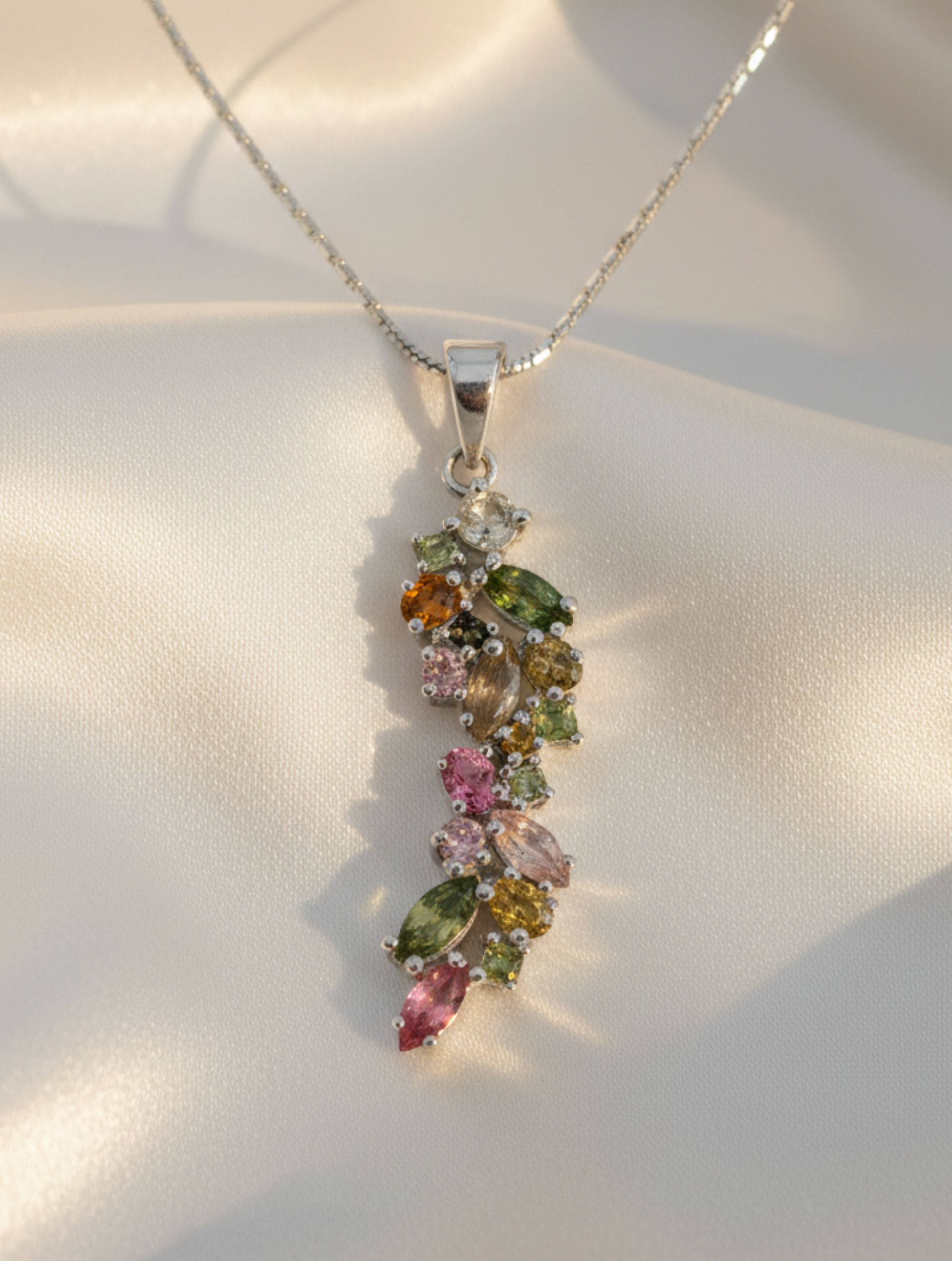 Natural Multi-Tourmaline Cluster Pendant in 925 Sterling Silver