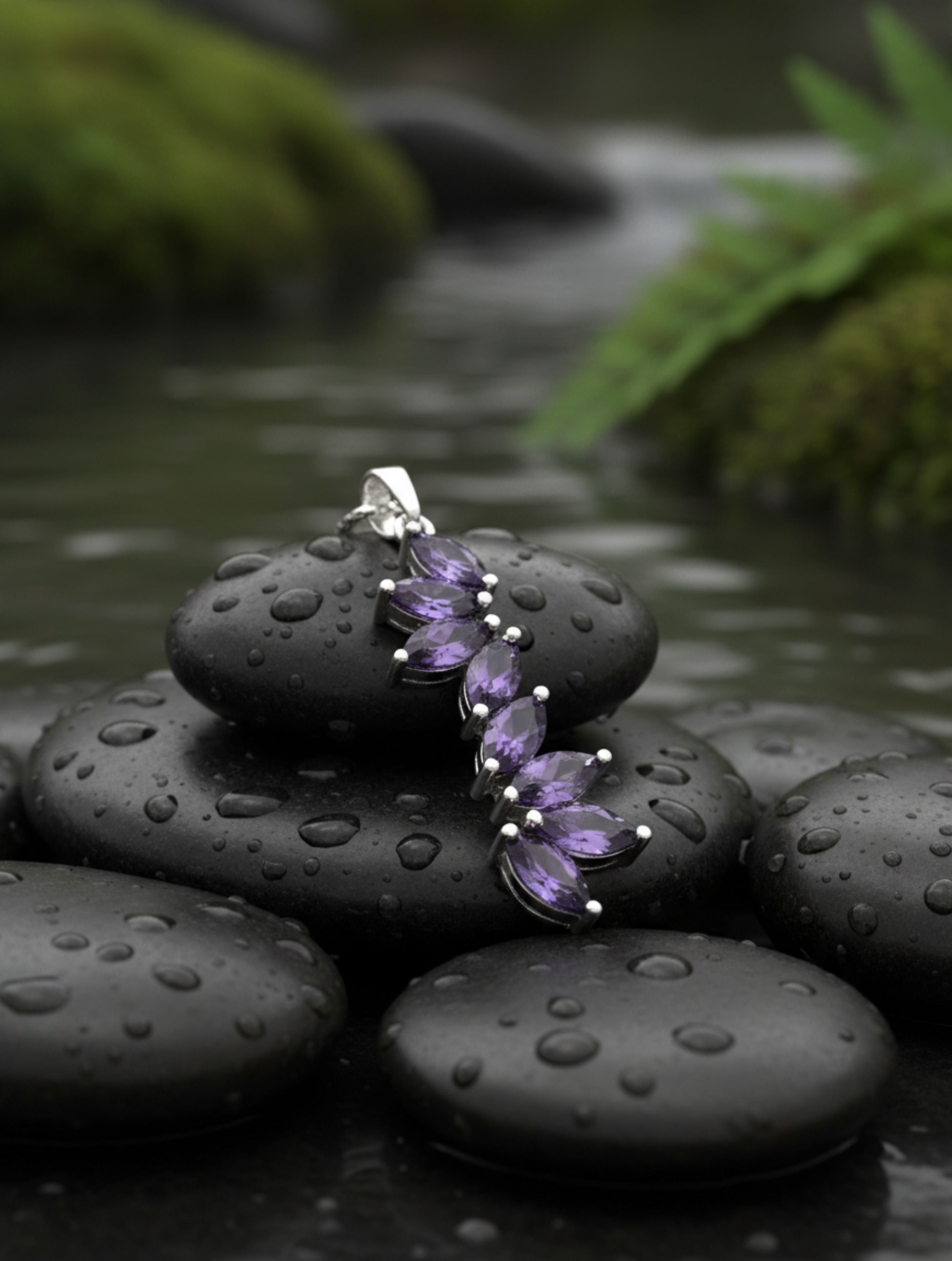 Natural Amethyst "Floral Cascade" Pendant in 925 Sterling Silver