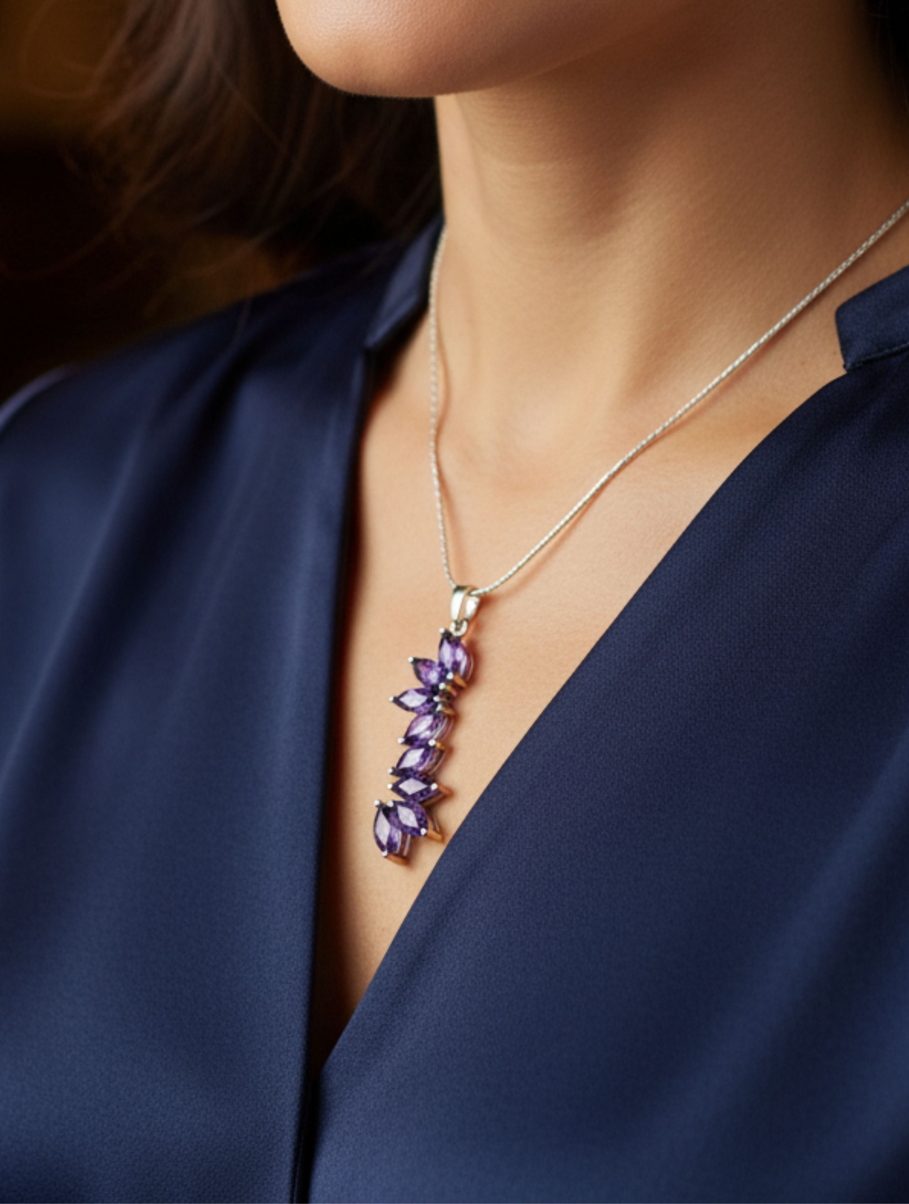 Natural Amethyst "Floral Cascade" Pendant in 925 Sterling Silver