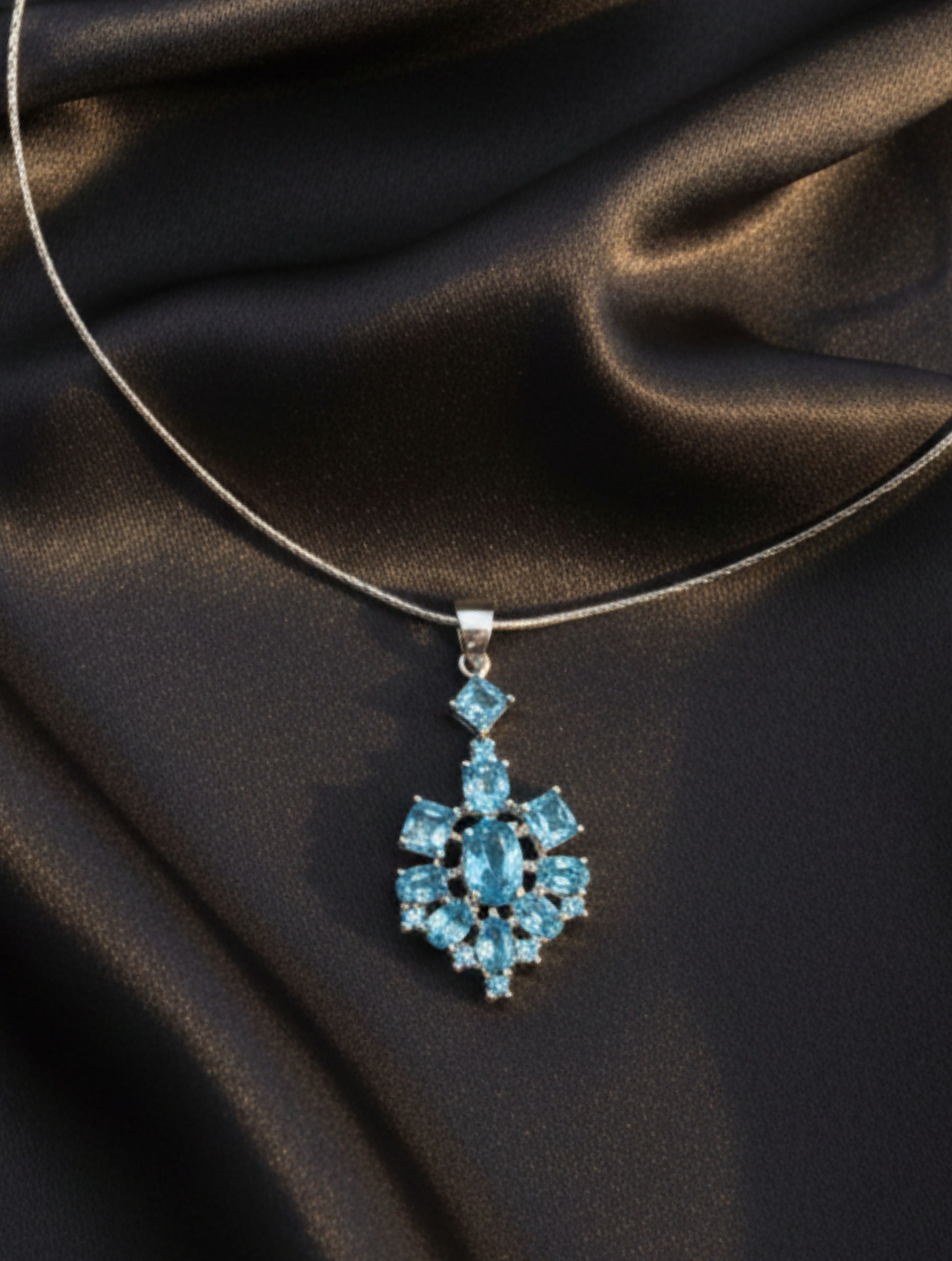 Natural Blue Topaz Snowflake Cluster Pendant in 925 Sterling Silver
