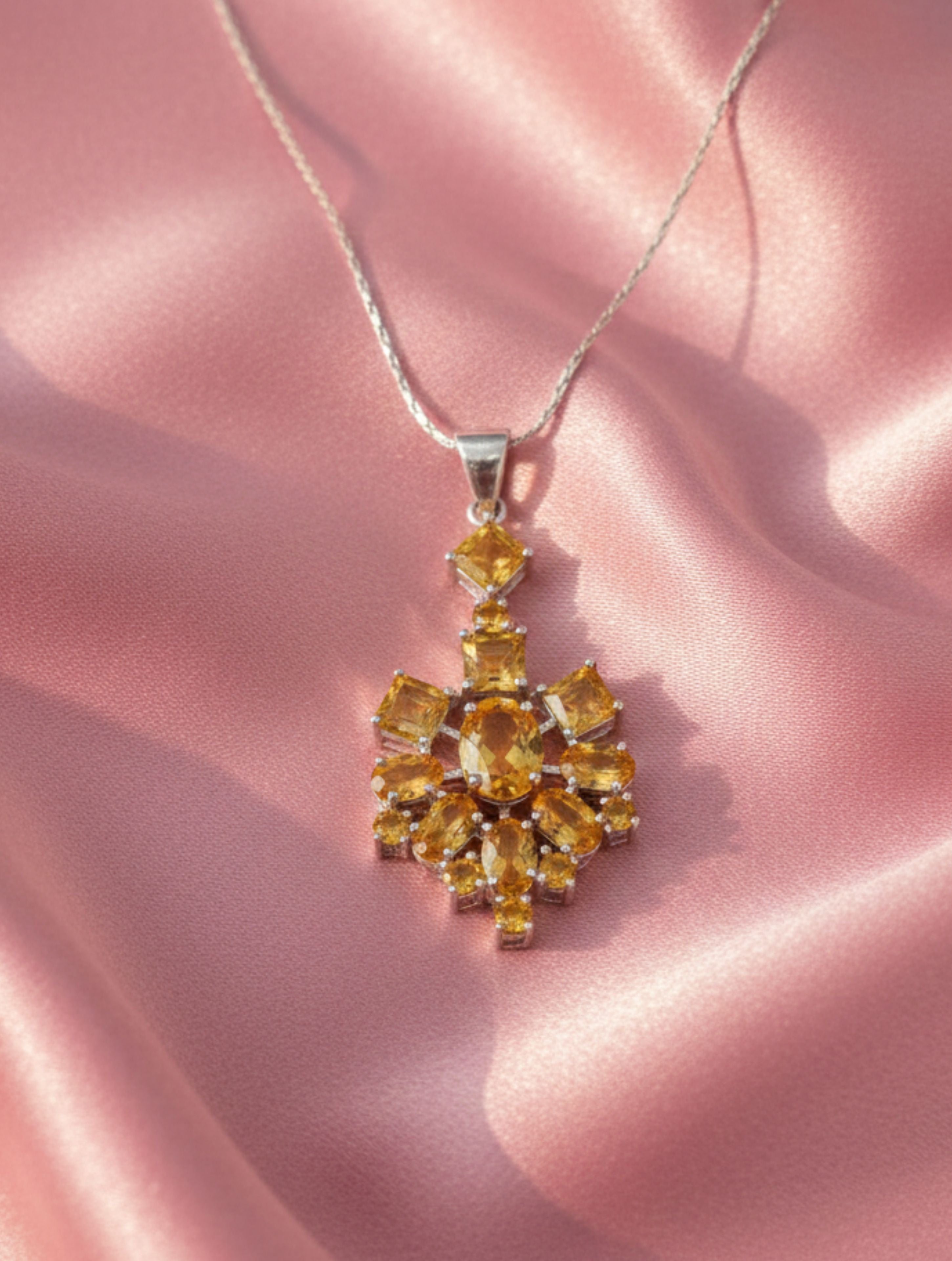 Natural Citrine Snowflake Cluster Pendant in 925 Sterling Silver