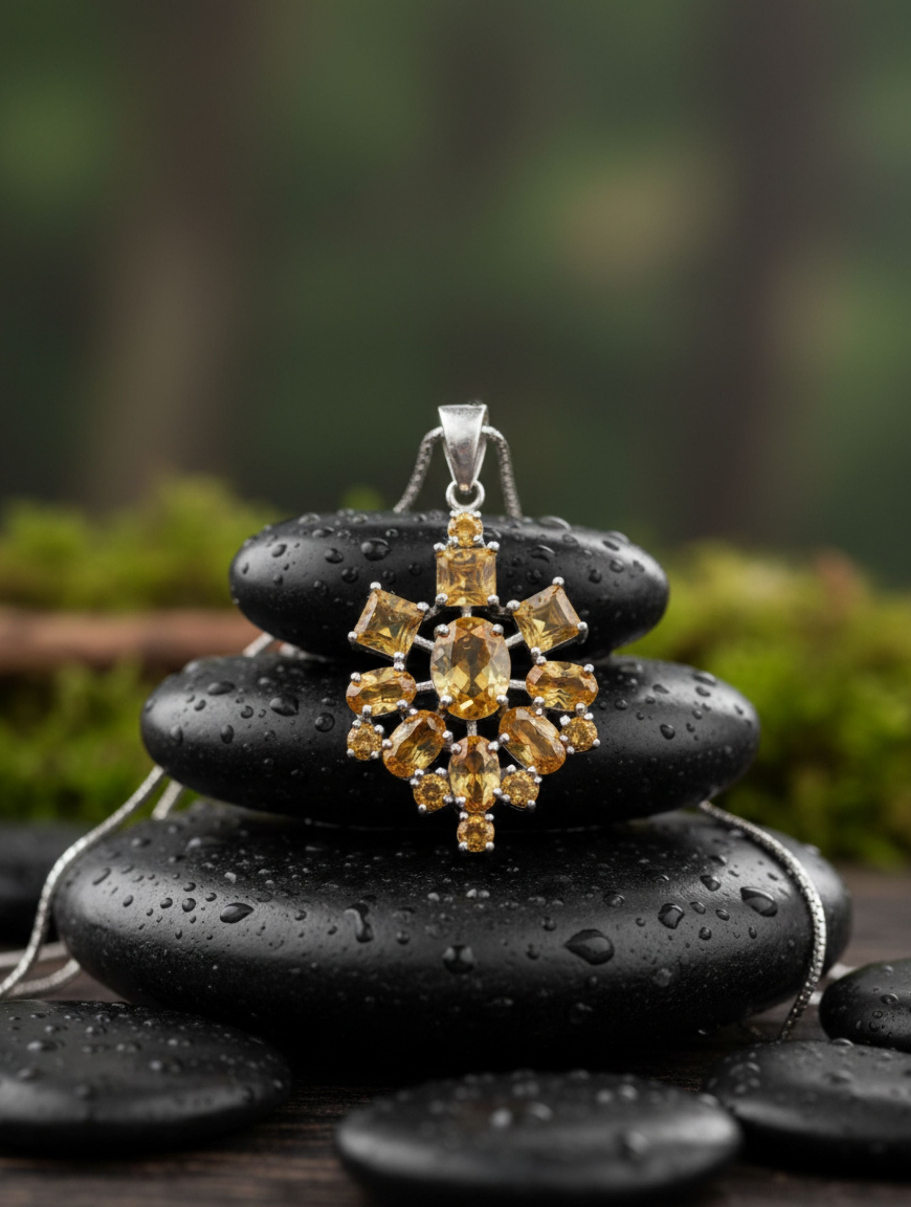 Natural Citrine Snowflake Cluster Pendant in 925 Sterling Silver