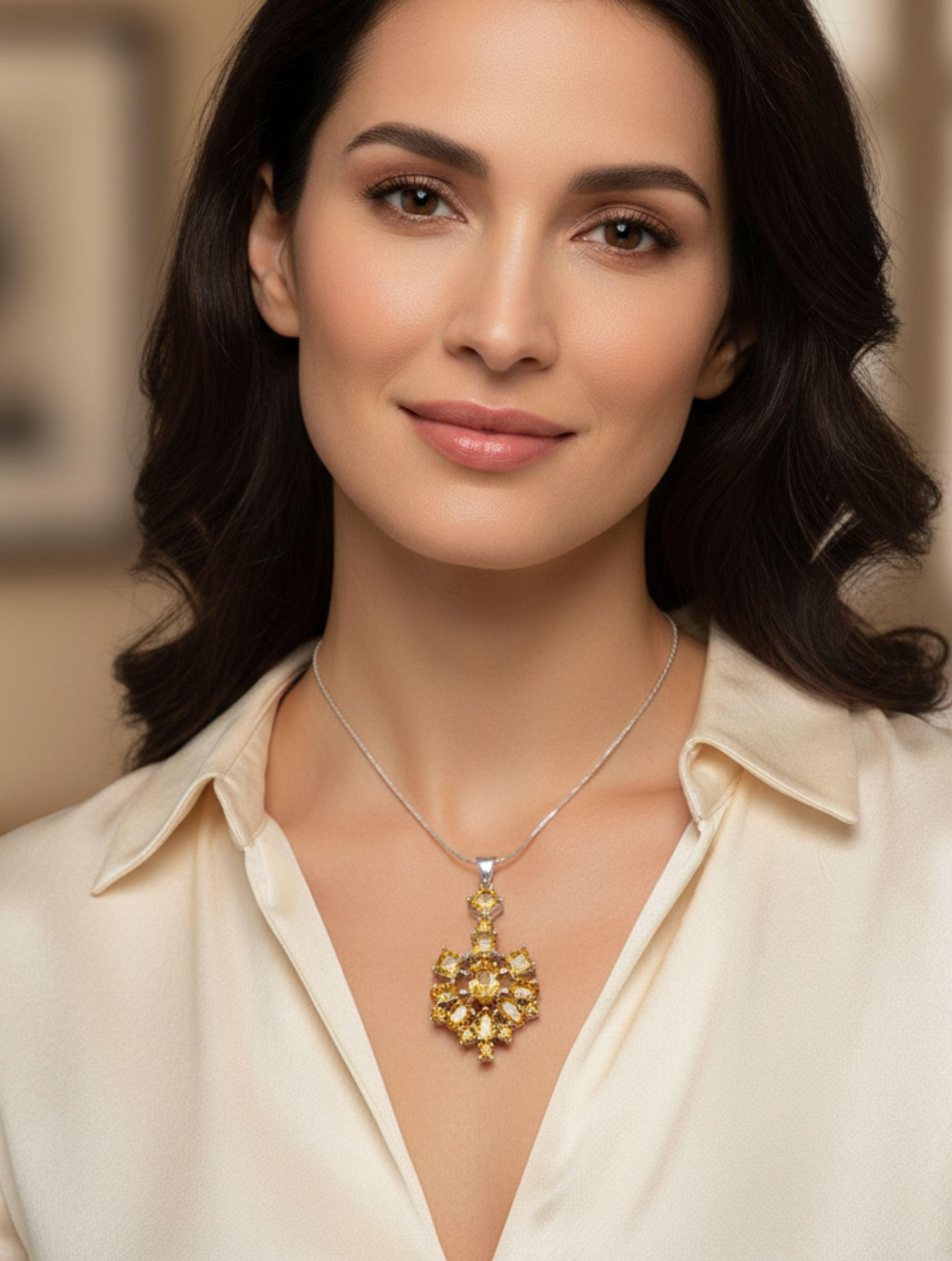 Natural Citrine Snowflake Cluster Pendant in 925 Sterling Silver