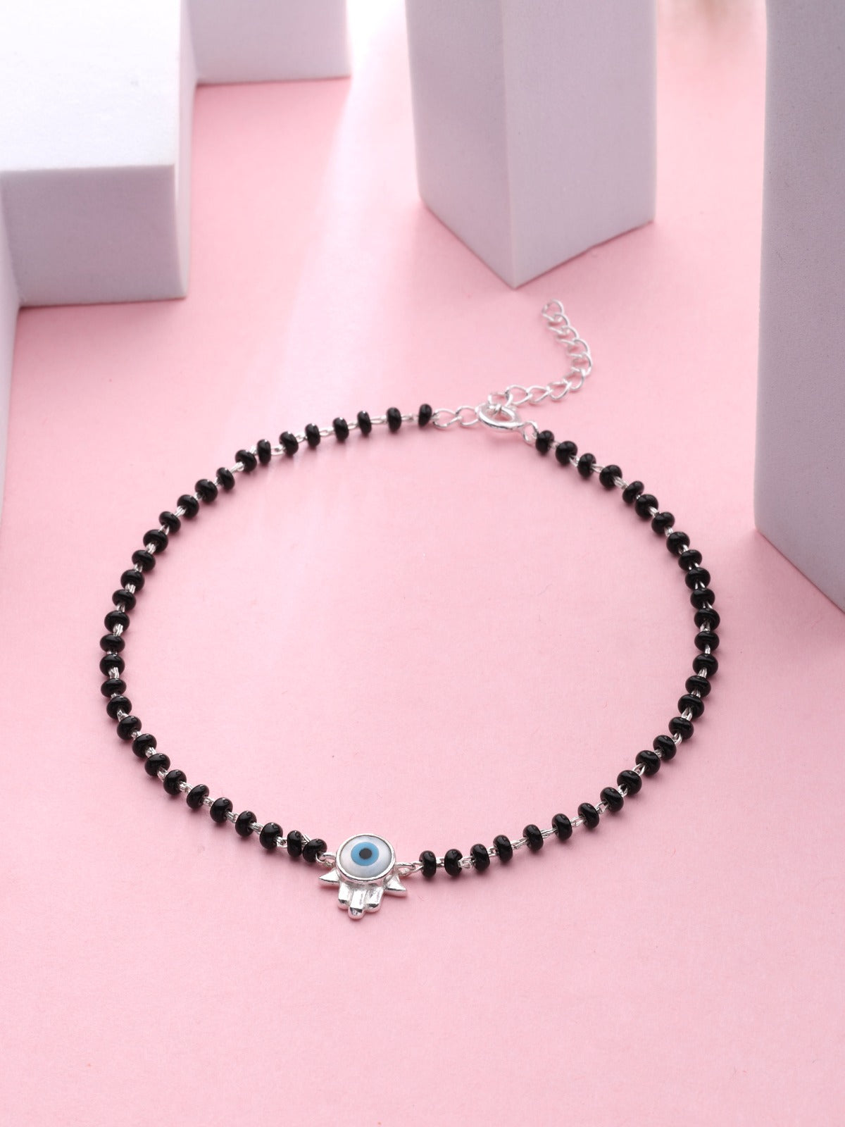 925 Sterling Silver Evil Eye & Black Onyx Hamsa Anklet