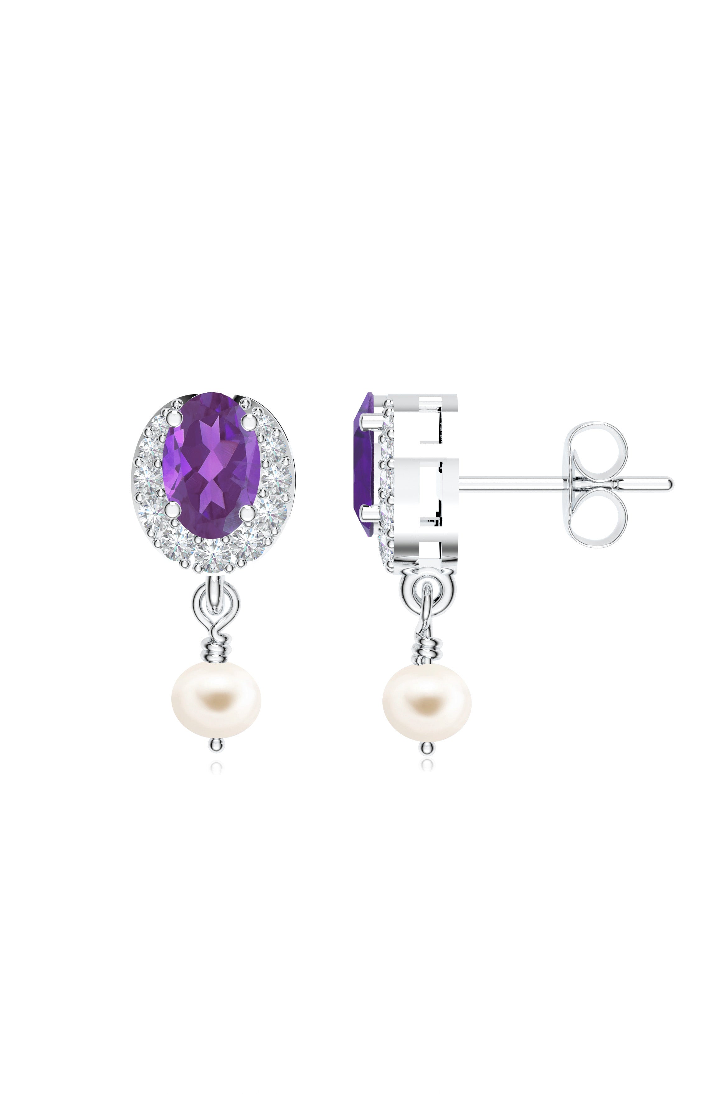 Rhodinierte Amethyst-Diamant-Moissanit-Perlenohrringe